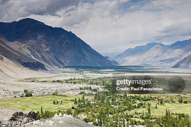 view of nubra valley from rooftop of diskit gompa, ladakh, india - nubra valley stock pictures, royalty-free photos & images