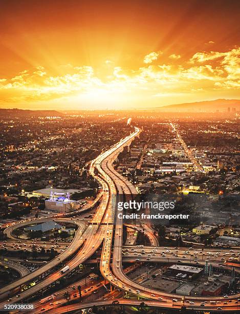 los angeles crossway junction aerial view - downtown los angeles aerial stock pictures, royalty-free photos & images