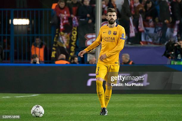 Gerard pique of Barcelona during the UEFA Champions League quarter final, second leg match between Club Atletico de Madrid and FC Barcelona at the...