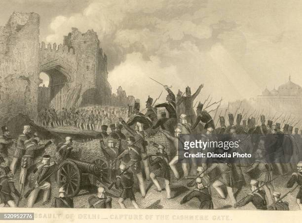 military and munity mutiny views assault of delhi capture of cashmere gate, delhi, india - indian freedom fighters stockfoto's en -beelden