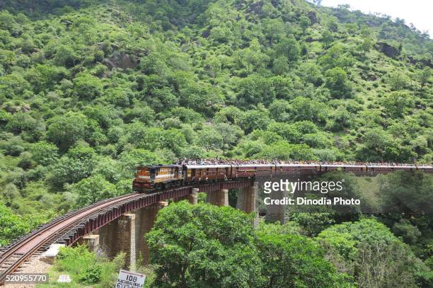 people taking risk while travelling on roof of train going on bridge, rajasthan, india - india train stock pictures, royalty-free photos & images