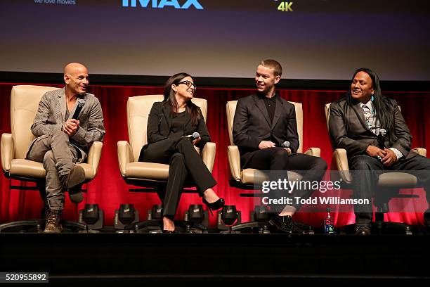 Brad Weston, President/CEO of New Regency, producer Pamela Abdy, actors Will Poulter and Arthur Redcloud speak onstage during CinemaCon and 20th...