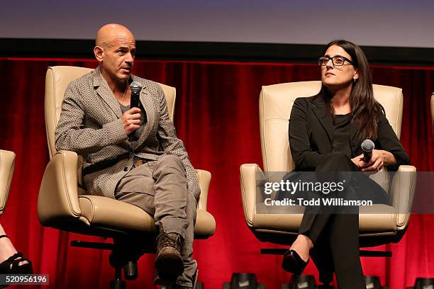 Brad Weston, President/CEO of New Regency, and producer Pamela Abdy speak onstage during CinemaCon and 20th Century Fox Present From Passion to the...