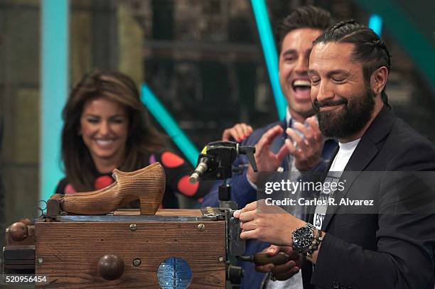 Spanish actress Monica Cruz, Spanish singer David Bustamante and Flamenco dancer Rafael Amargo attend "El Hormiguero" Tv Show at Vertice Studio on...