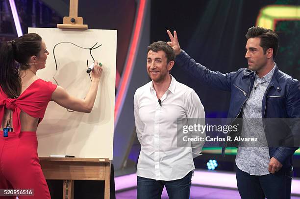 Pilar Rubio , Pablo Motos and Spanish singer David Bustamante attend "El Hormiguero" Tv Show at Vertice Studio on April 13, 2016 in Madrid, Spain.