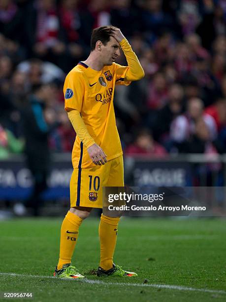 Lionel Messi of FC Barcelona reacts as he fail to score a penalty shot during the UEFA Champions League quarter final, second leg match between Club...