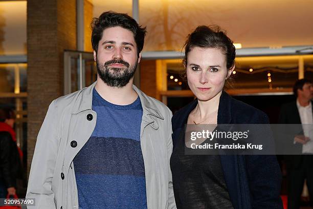 Julius Schultheiss and Karin Hanczewski attend the 'Mann im Spagat - Pace Cowboy, Pace' premiere at Kino International on April 13, 2016 in Berlin,...