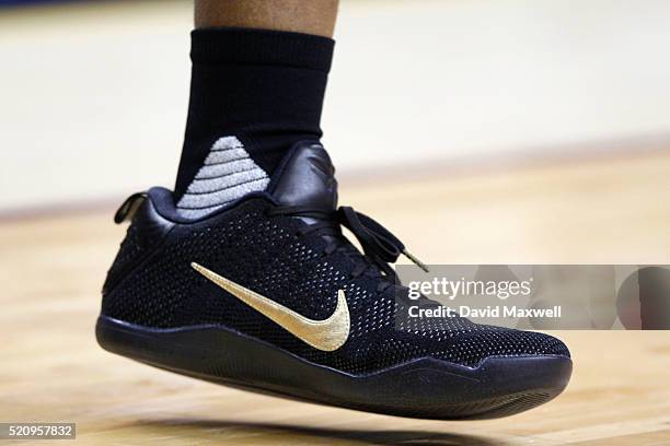 Detail view of the Nike sneakers worn by Joel Anthony of the Detroit Pistons during warmups before the start of the game against the Cleveland...