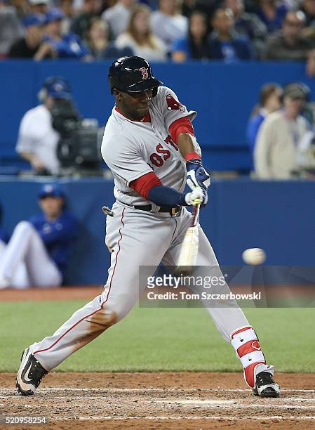 Rusney Castillo of the Boston Red Sox bats in the seventh inning during MLB game action against the Toronto Blue Jays on April 9, 2016 at Rogers...