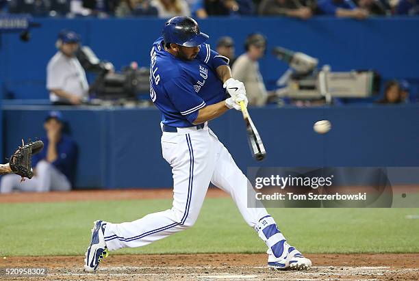 Chris Colabello of the Toronto Blue Jays bats in the eighth inning during MLB game action against the Boston Red Sox on April 9, 2016 at Rogers...