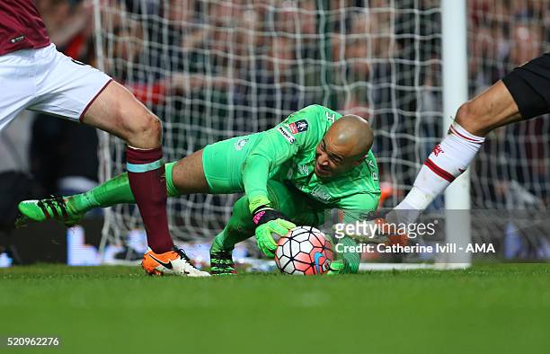 Goalkeeper Darren Randolph of West Ham United makes a save during the Emirates FA Cup Sixth Round Replay match between West Ham United and Manchester...