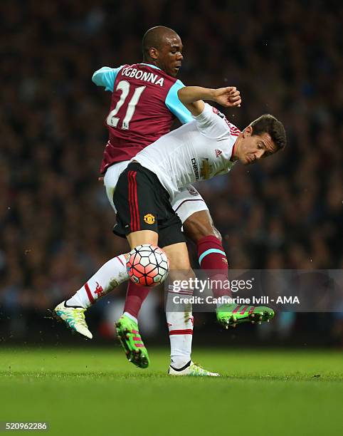 Angelo Ogbonna of West Ham United and Ander Herrera of Manchester United during the Emirates FA Cup Sixth Round Replay match between West Ham United...