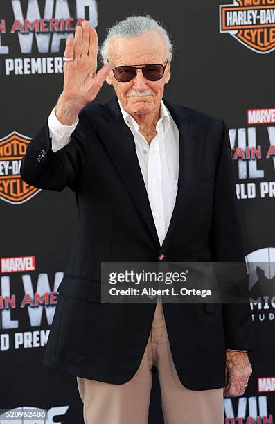 Comic Book Icon Stan Lee arrives for The Premiere Of Marvel's "Captain America: Civil War" held at The Dolby Theater on April 12, 2016 in Hollywood,...