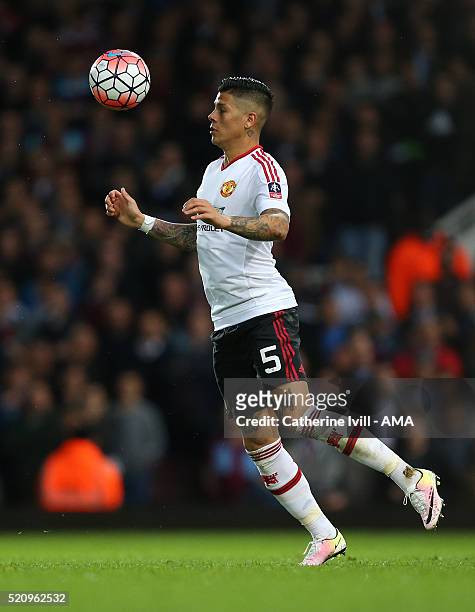 Marcos Rojo of Manchester United during the Emirates FA Cup Sixth Round Replay match between West Ham United and Manchester United at Boleyn Ground...