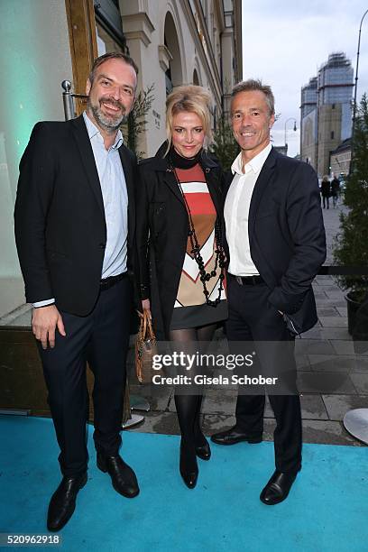 Matthias Bohlig, Ursula Gottwald and Hannes Jaenicke during the Maxdome launch of the new entertainment world at Filmcasino on April 13, 2016 in...