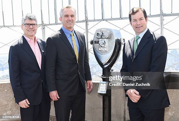 Paul Gallay, Robert F. Kennedy Jr. And Mike Richter attend the lighting ceremony of Riverkeeper's 50th anniversary at The Empire State Building on...