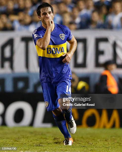 Nicolas Lodeiro of Boca Juniors celebrates after scoring the opening goal during a match between Racing and Boca Juniors as part of Copa Bridgestone...