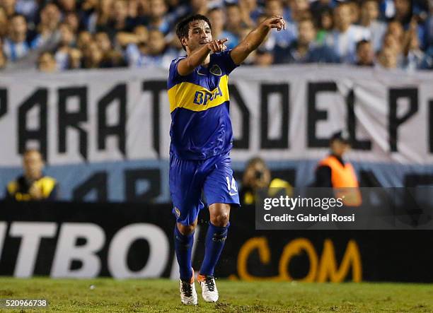 Nicolas Lodeiro of Boca Juniors celebrates after scoring the opening goal during a match between Racing and Boca Juniors as part of Copa Bridgestone...