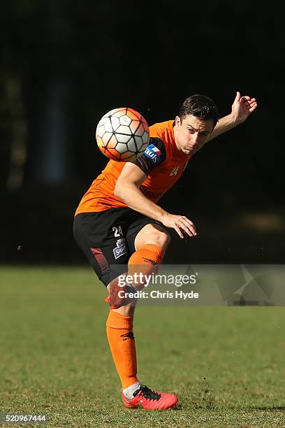 Tommy Oar kicks during a Brisbane Roar A-League training session at Griffith University on April 14, 2016 in Brisbane, Australia.