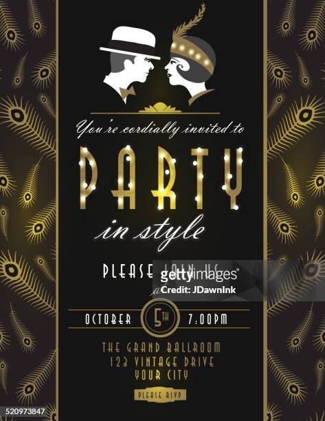 art deco style vintage invitation design template with couple - gatsby stock illustrations