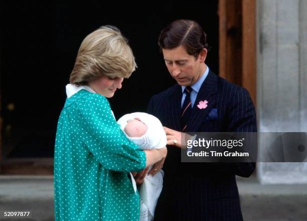 Prince And Princess Of Wales Leaving The Lindo Wing Of St Mary's Hospital With Their First Baby Son, Prince William.