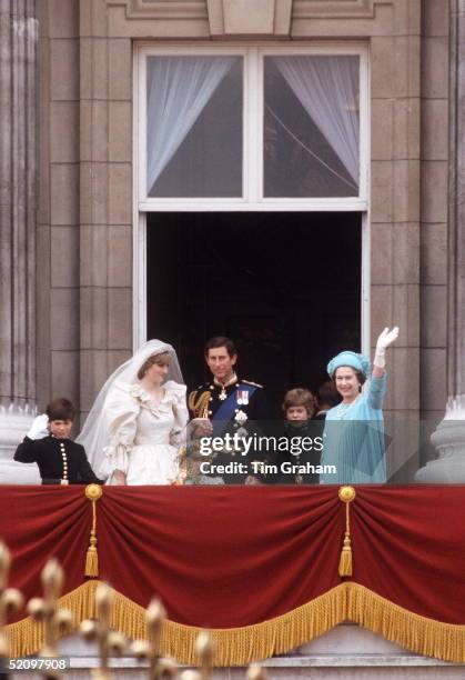 The Queen On The Balcony Of Buckingham Palace With The Prince And Princess Of Wales On Their Wedding Day With Their Pageboys Lord Nicholas Windsor...