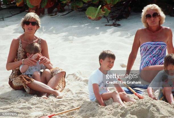 Princess Diana With Her Mother Frances Shand-kydd And Her Sons, William And Harry, Enjoying A Spring Holiday On The Island Of Necker. Prince Harry Is...