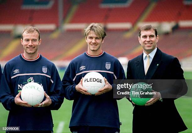 L To R] Alan Shearer, David Beckham And Prince Andrew At Wembley Football Stadium To Publicise The 'full Stop' Campaign By The Nspcc Charity -...