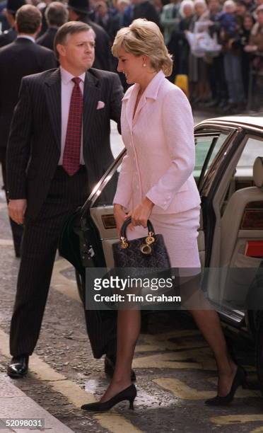 Diana, Princess Of Wales, Alighting Her Car At The National Hospital For Neurology And Neurosurgery In London. The Princess Is Carrying A Black Dior...
