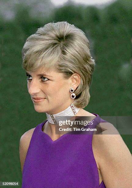 Princess Diana Arriving For Fundraising Gala Dinner In Chicago In A Purple Dress Designed By Fashion Designers Versace