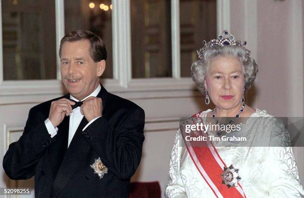 President Vaclav Havel Ajdusting His Bow Tie For A Photograph With The Queen Before Attending A State Banquet In The Spanish Hall, Prague, Czech...