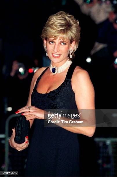 Diana, Princess Of Wales, Attending A Gala Evening In Aid Of Cancer Research At Bridgewater House In London. The Princess Is Wearing A Dress Designed...