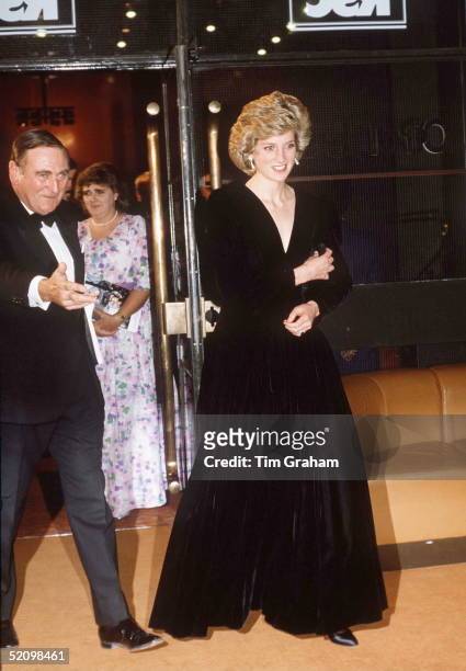 The Princess Of Wales At The Barbican For A Performance Of 'les Miserables' Wearing A Black Velvet Evening Dress Designed By Fashion Designer Bruce...