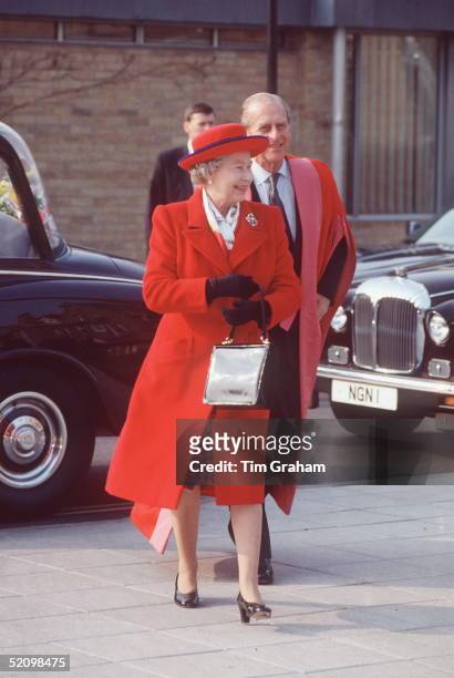 The Queen And Prince Philip Arriving At Cambridge University.