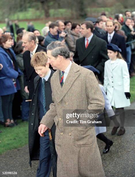 Royal Family Attending Christmas Day Service At Sandringham Church In Norfolk. Prince Harry Walking With His Father, Prince Charles And Prince...