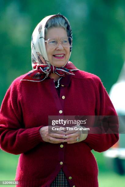 The Queen At The Windsor Horse Show Wearing A Bandage On Her Injured Wrist.