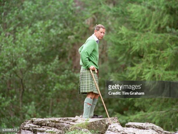 Prince Charles With Shepherd's Crook Walking Stick At Muick Falls, Glen Muick, Balmoral Castle Estate