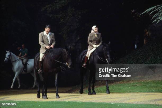 During His State Visit, Queen Elizabeth Ll Riding Her Horse 'burmese' In Windsor Great Park With President Reagan Who Is Riding 'centennial'. Wearing...
