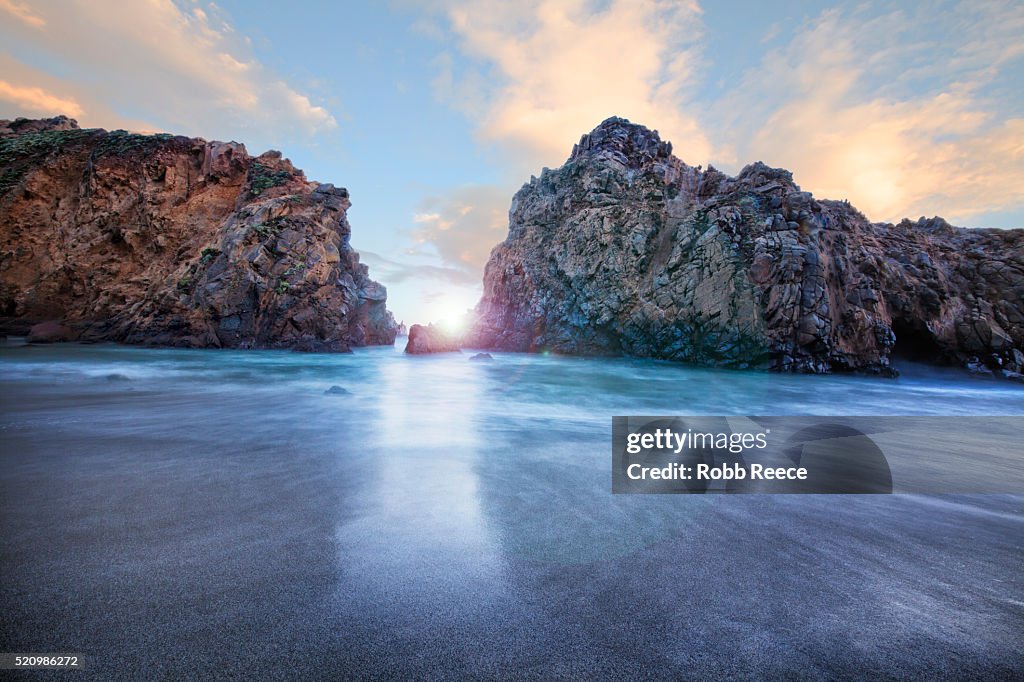 Rocky, ocean landscape at sunset at Big Sur, California