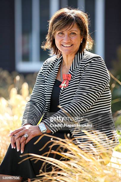 Waimarama Taumaunu poses after receiving the insignia of an Officer of the New Zealand Order of Merit, for services to netball during an investiture...