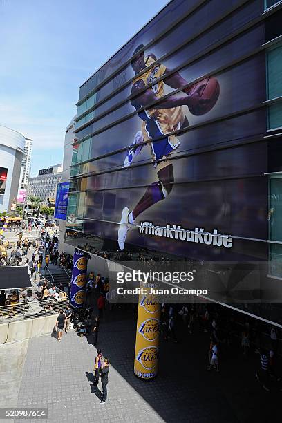 An exterior shot of the Staples Center before the Utah Jazz game against the Los Angeles Lakers on April 13, 2016 in Los Angeles, California. NOTE TO...