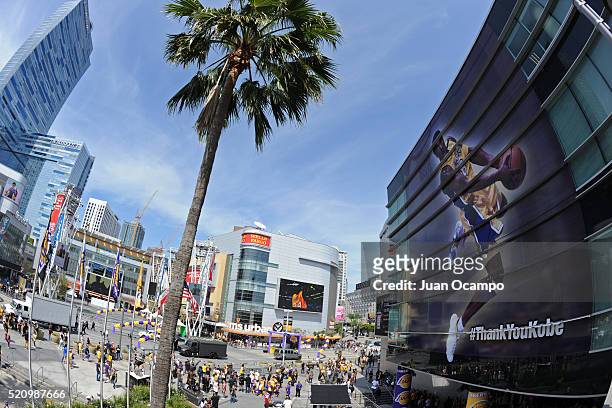 An exterior shot of the Staples Center before the Utah Jazz game against the Los Angeles Lakers on April 13, 2016 in Los Angeles, California. NOTE TO...