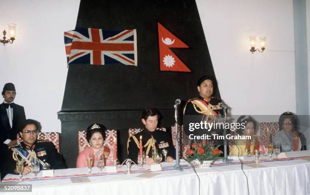 Prince Charles With Prince Gyanendra Making A Speech At A Banquet In The Kings Guest Palace, Nepal. L To R: Prince Dhirendra , Princess Komal ,...