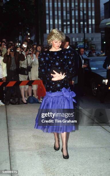 Princess Diana In Vancouver, Canada In A Blue And Black Evening Dress Designed By Fashion Designer Jacques Azagury. Arriving At The Orpheum Theatre...