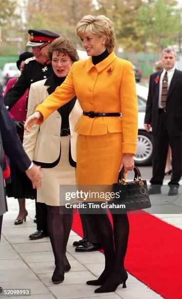 Princess Diana Arriving At The Liverpool Women's Hospital, Merseyside. Her Suit Is By Versace And Her Handbag By Dior.