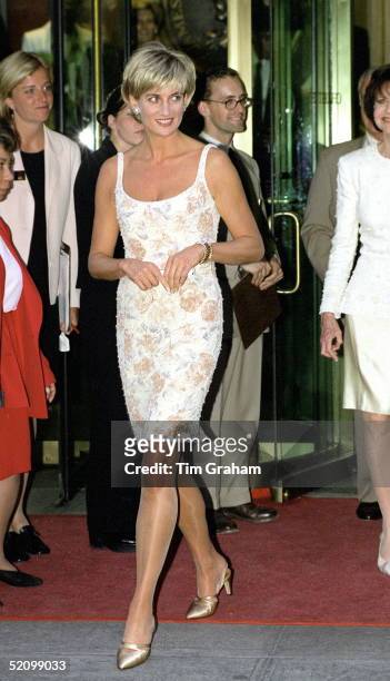 Diana, Princess Of Wales Arriving For The Christies Party In New York Wearing A Champagne Coloured Dress Designed By Fashion Designer Catherine...