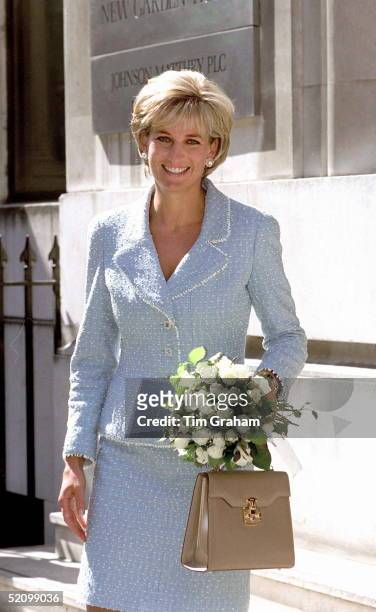 Diana, Princess Of Wales, Leaving The British Lung Foundation In Hatton Garden After Being Presented With A Bouquet Of The First Rose Named After Her.