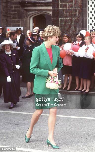 Princess Diana On A Walkabout After Visiting Babington Hospital In Derbyshire. The Princess Is Wearing A Green Suit And She Is Carrying A Basket Of...