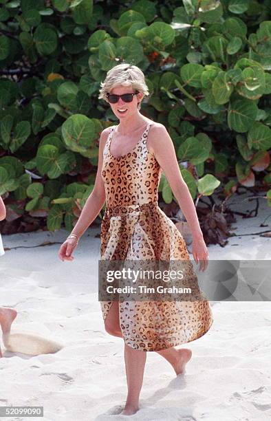 Princess Diana In Leopardskin Swimming Costume And Sarong On Holiday In Necker Island In The Caribbean