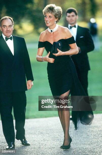 Princess Of Wales At The Serpentine Gallery In London. On Her Left Is Lord Palumbo. Her Dress Is By Christina Stambolian